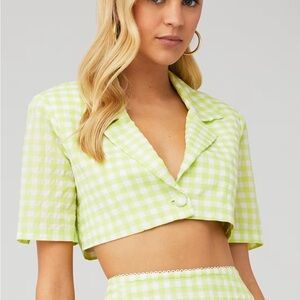 For Love And Lemons Lime Gingham Cropped Blazer